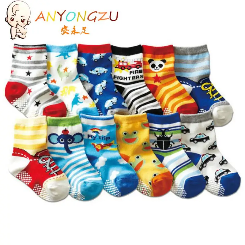 New Design 12piar/lot  Cotton Baby Socks Boys Girls Rubber Slip Resistant Floor Cartoon Gift  Eco Friendly For 1-3 Years