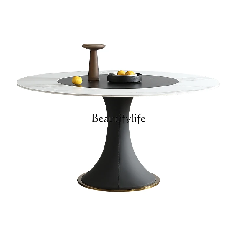 

Rock slab round dining table turntable embedded rotary inlet large round dining table