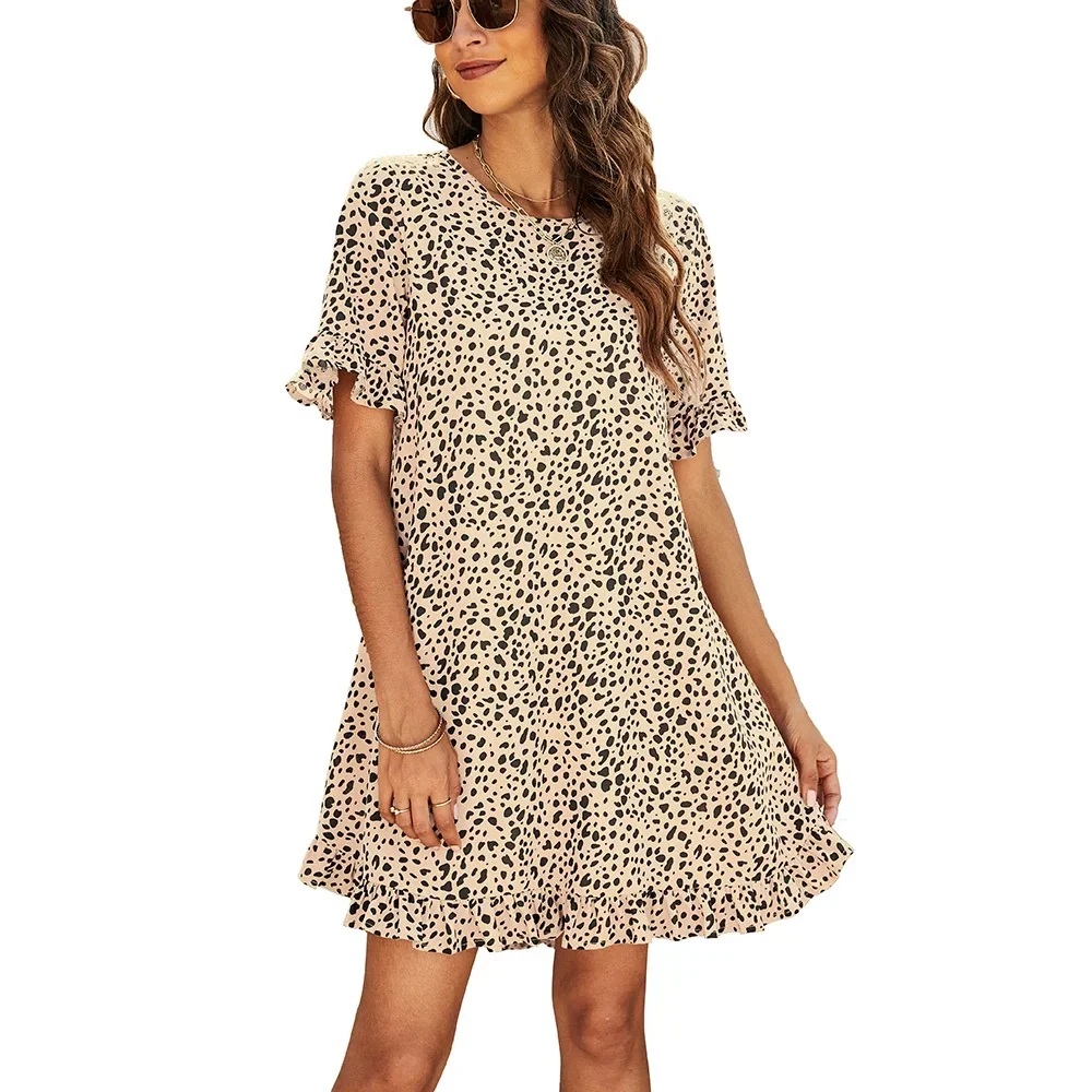 

Plus Size 1XL-5XL New Women's Fashionable Elegant Round Neck Dress Ladies Casual Ruffled Leopard Short Sleeve Print Dress