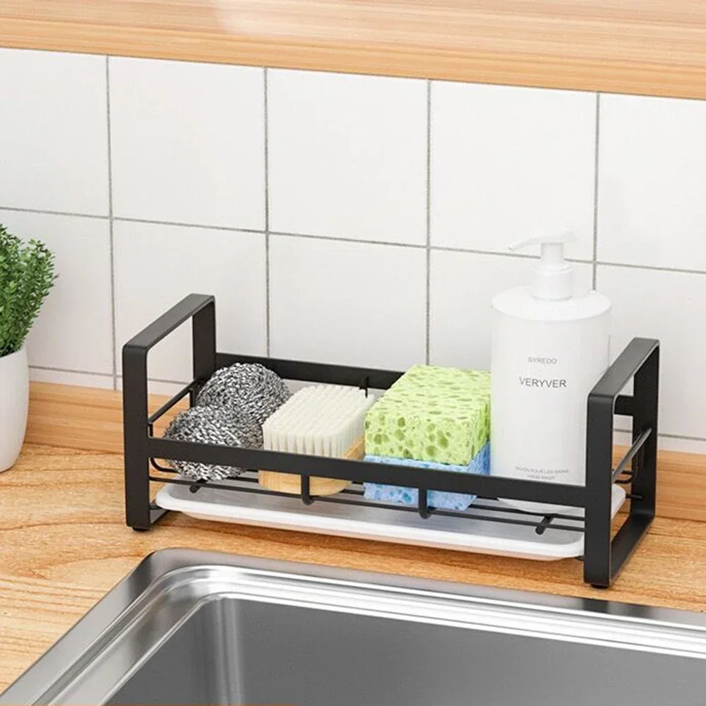 Kitchen Stainless Steel Sponge Holder Sink Rag Racks Stand Cleaning Brush Soap Organizer Black Silver Storage Rack Drain Tray