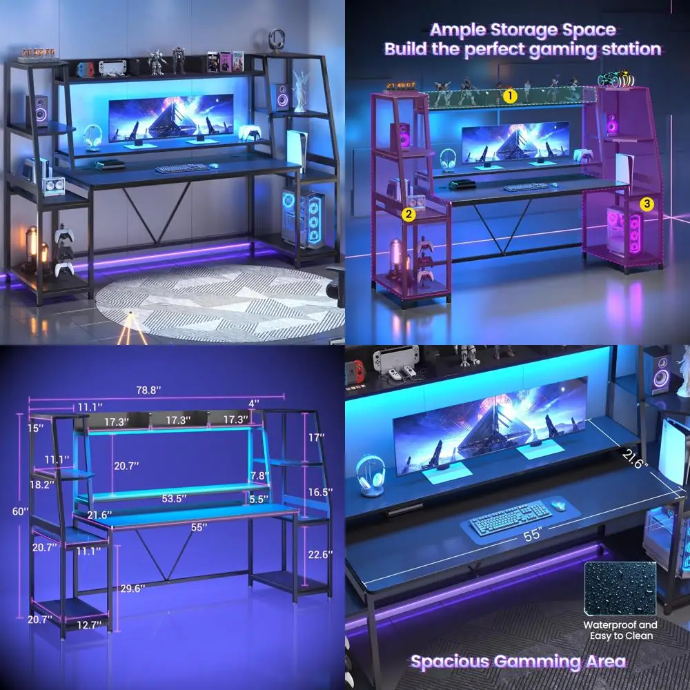 

Large Gaming Desk with LED Lights, Hutch, and Storage Shelves, Computer Desk with Monitor Stand for PC Gamers
