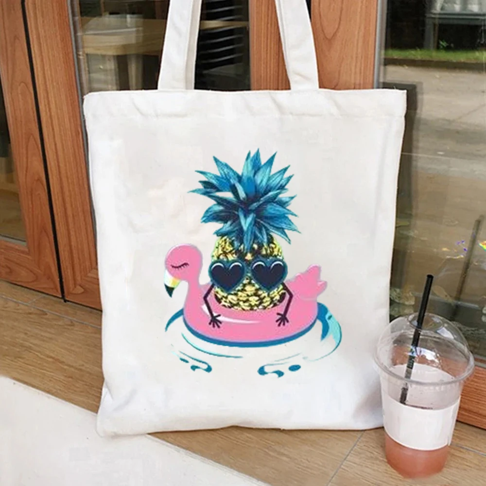 

Canvas Tote Bag Women Tropical Pineapple Flamingo Print Shoulder Bag Cotton Shopping Handbag Summer Vacation Style
