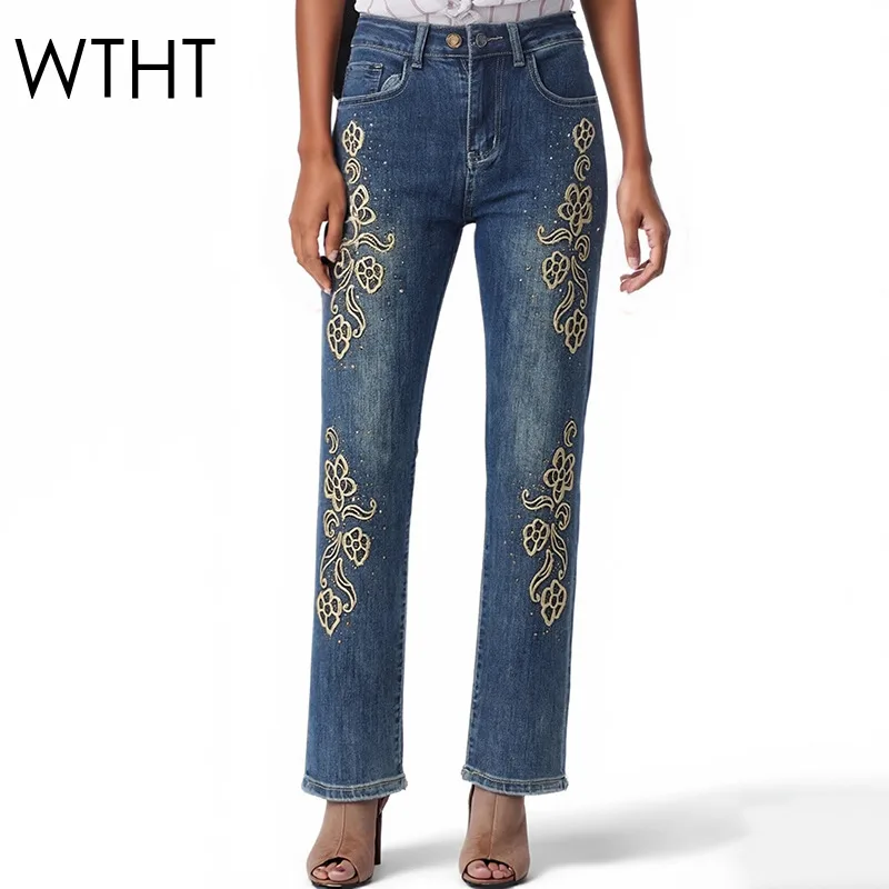 

WTHT New Heavy Industry Embroidery Diamonds Straight Jeans For Women 2026 Spring Fashion High Waist Denim Pants Female 1LS2916