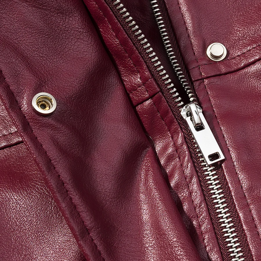 NEW2026 Giacca da donna alla moda con colletto alla coreana a maniche lunghe autunno Giacca a vento da strada in pelle casual Giacca in pelle rosso scuro