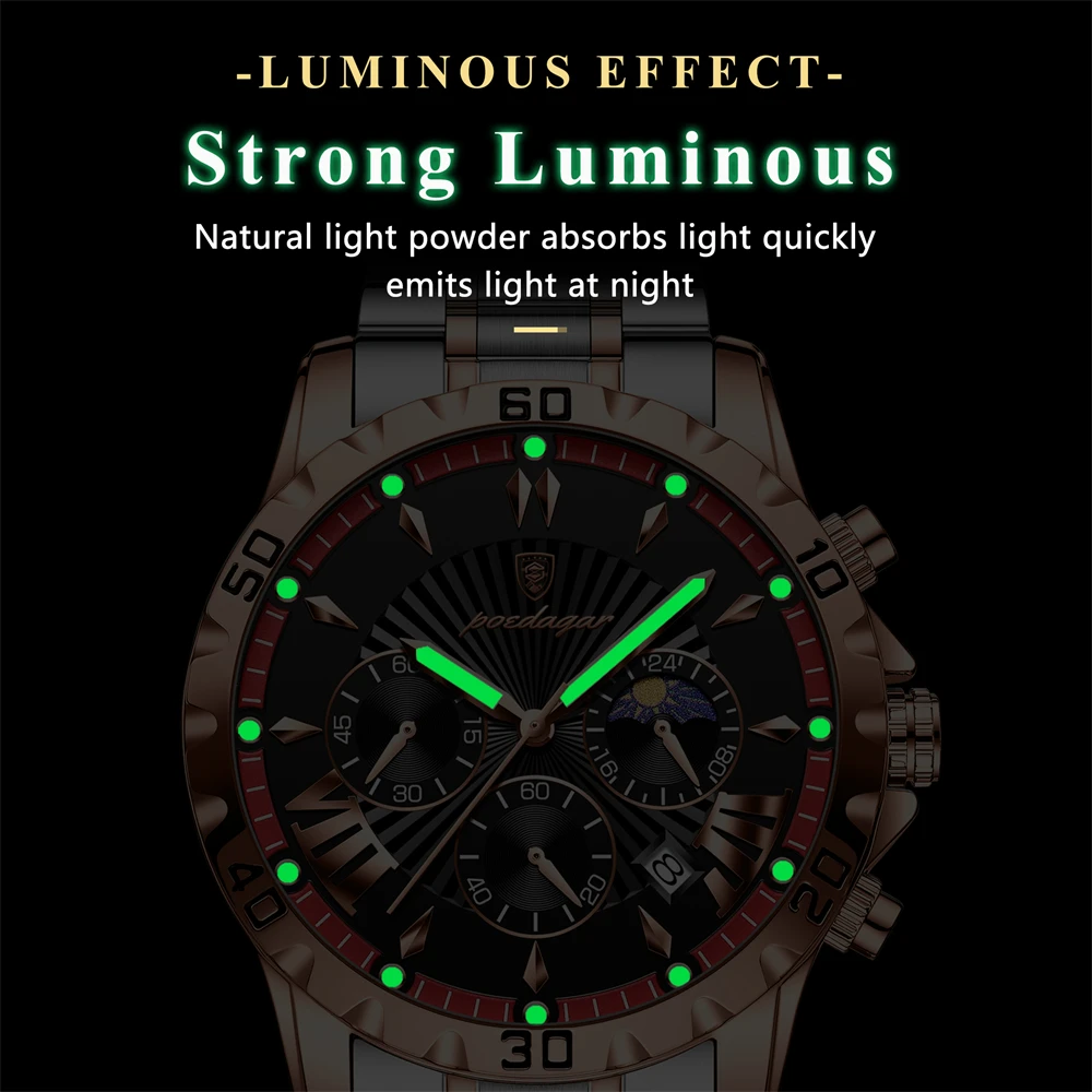 POEDAGAR Luxury Military Watch For Men Waterproof Luminous Chronograph Date Man Wristwatch Stainless Steel Quartz Men's Watches