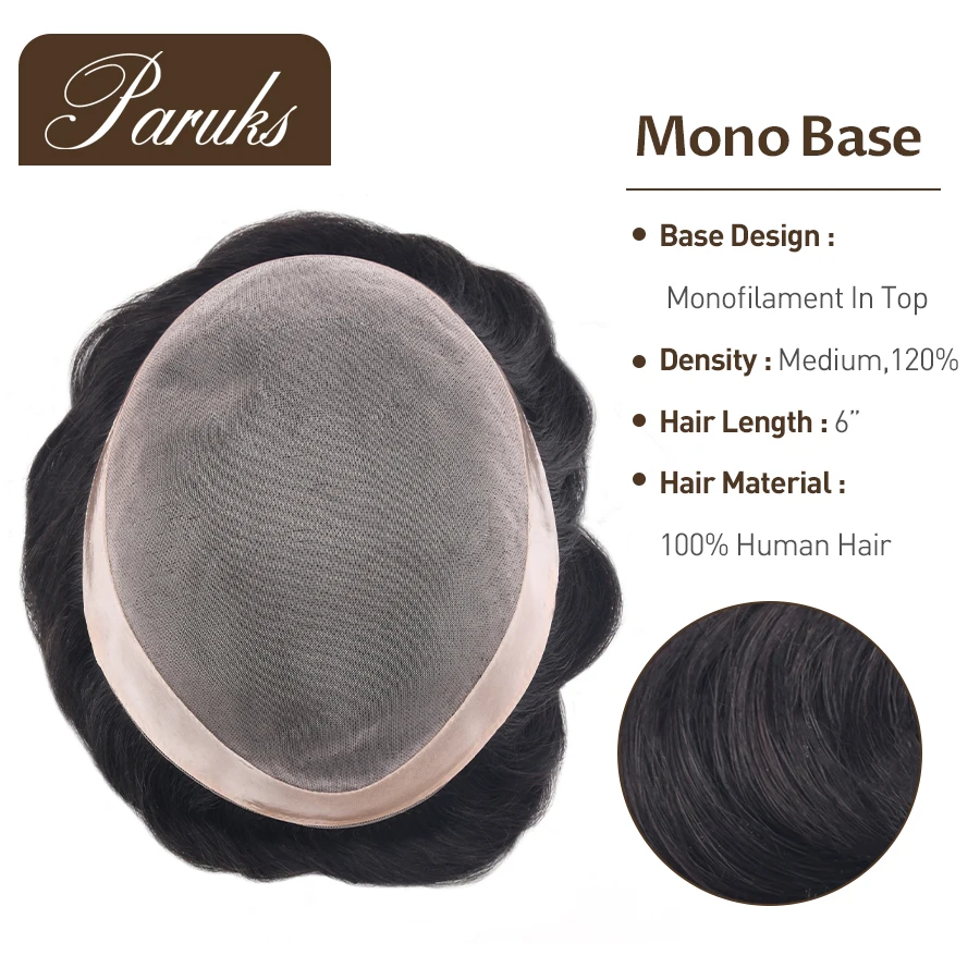 Paruks-tupé Mono fino para hombre, cabello humano indio de 120% de densidad, prótesis capilar para hombre, peluca Natural duradera