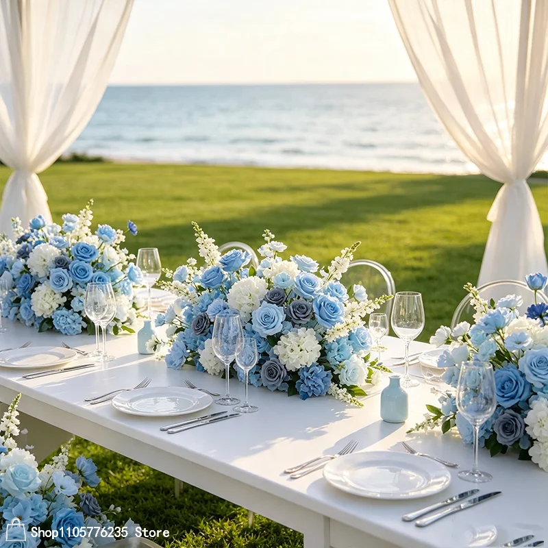 Blaues Künstliches Blumen-Mond-Ochsenhorn-Bogen-Arrangement mit Rosen, Luxuriöser Hochzeits-Hintergrundrahmen, Dekoration für Strand, Outdoor-Zeremonien und Partys – Detail 2