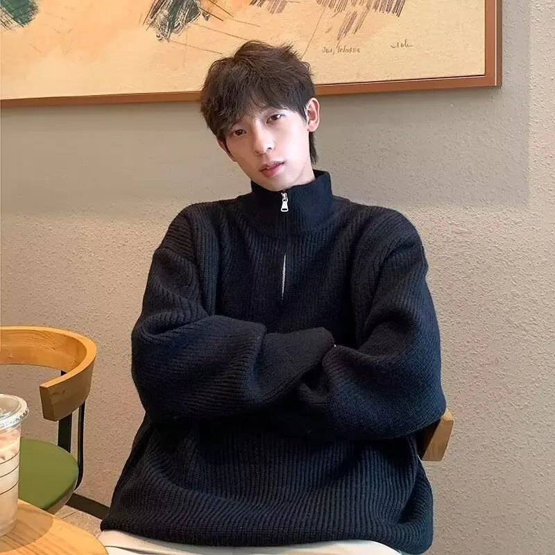 

Модный однотонный мужской трикотажный джемпер с воротником-стойкой на молнии, универсальный, теплый, не дающийся к сминанию, с длинными рукавами