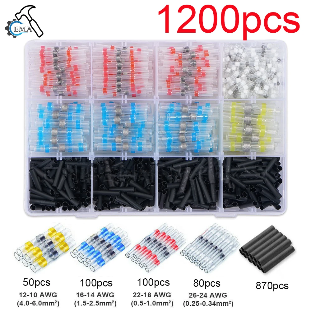 280/1200 pces conectores de fio selados de solda conectores de extremidade de solda termo retrátil kit de conector de solda isolamento marinho automotivo