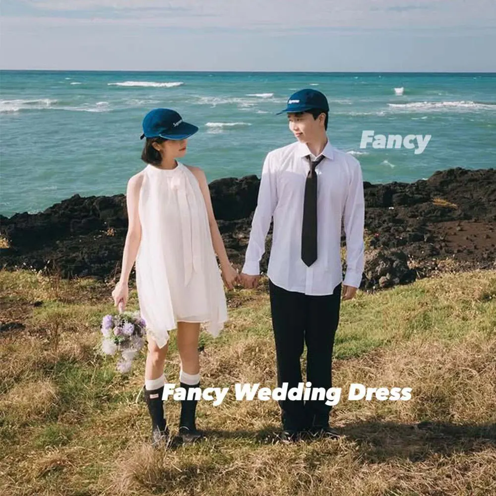 Fancy Simple Beach Wedding Dress Korea Photo Shoot A Line Sleeveless Bridal Gown Mini Short Tulle Evening Dresses Customized