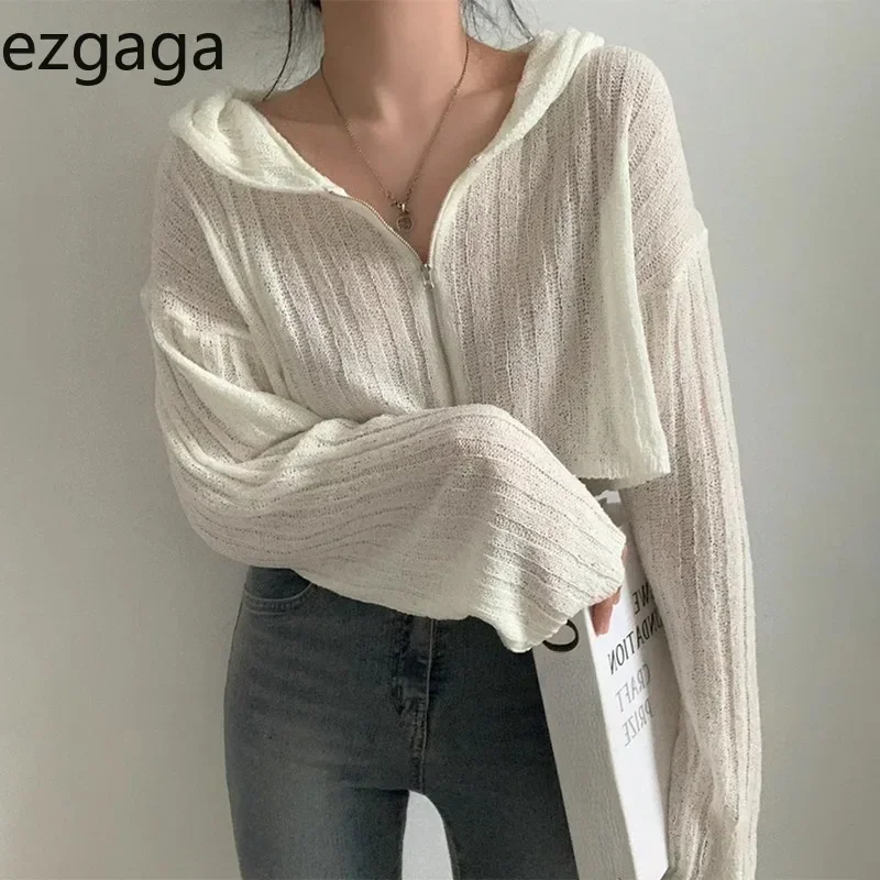 Ezgaga Knitted Cardigan Women Chic Autumn Hooded Zipper Cropped Sweater Outwear Solid Loose Stretch Fashion Ladies Tops