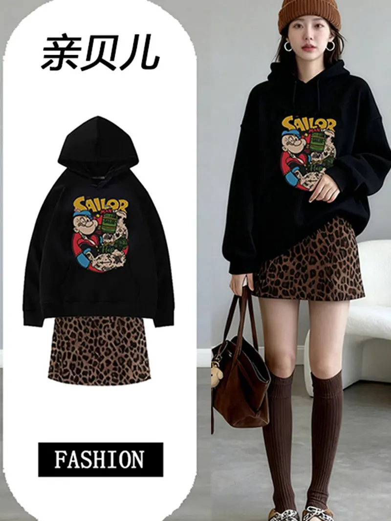 fashionable-pure-cotton-velvet-autumn-winter-maternity-set-with-hood-leopard-print-skirt-slimming-effect-complete-outfit