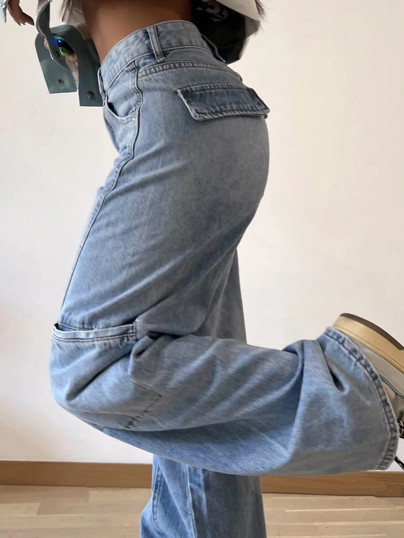 Jean taille haute à jambes larges pour femme, pantalon en denim épissé, longueur rinçage, jean lavé, poches ajustées, fermeture éclair, mouche,
