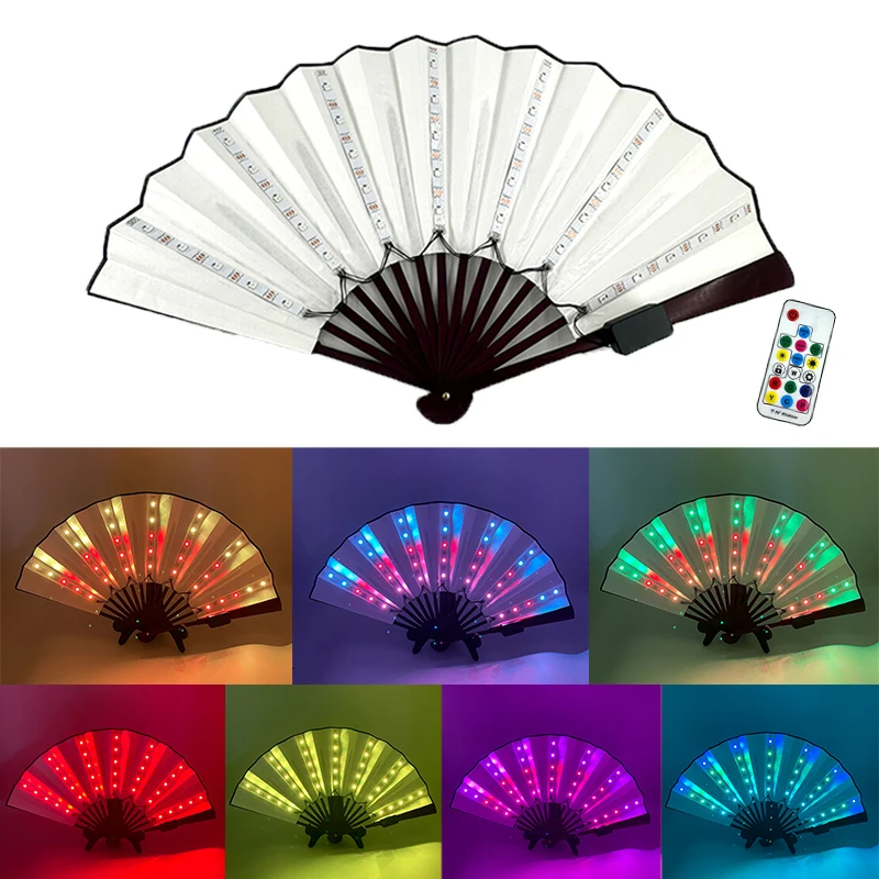 Remote Control Flashing Fluorescent Fan With LED Lights Performance Party Fan Glowing Foldable Hand Fan Bar Club Decoration