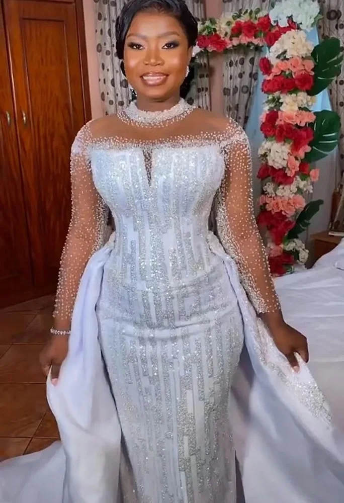 Luxe kralen lovertjes kanten trouwjurk sexy zeemeermin bruidsjurken afneembare trein vestidos novias boda