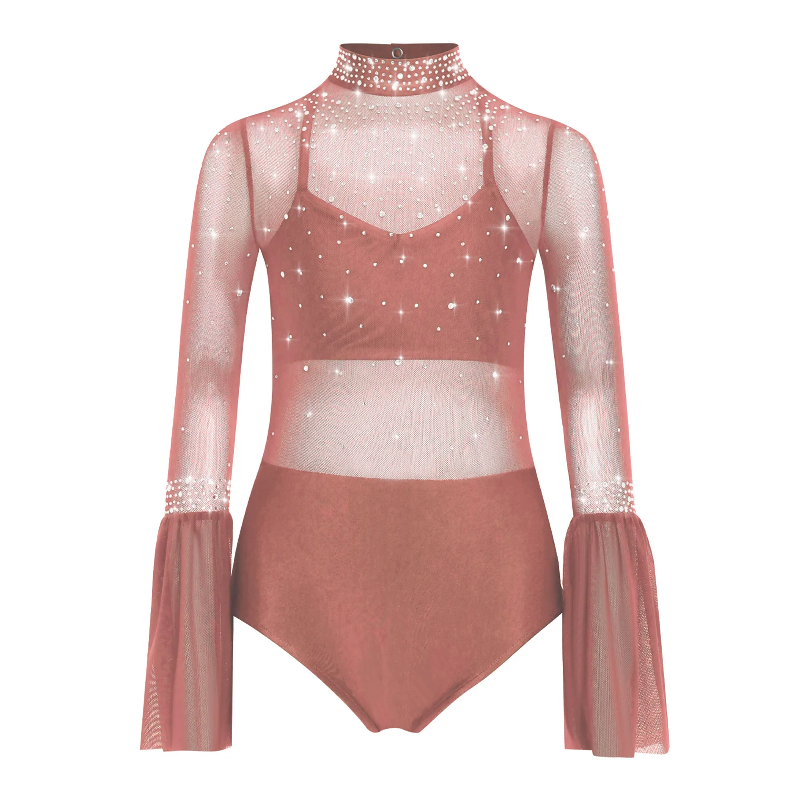 

Women Sheer Mesh Patchwork Jazz Dance Gymnastics Leotard Costume Mock Neck Flare Sleeve Backless Sparkly Rhinestone Bodysuit