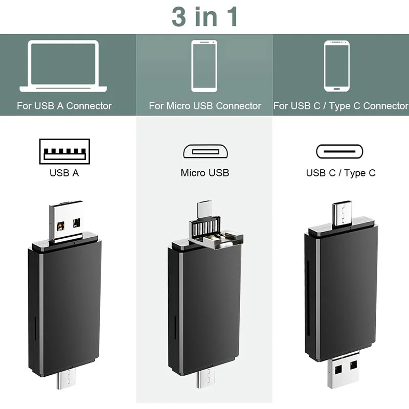 Type C & micro USB & USB 3 In 1 OTG Card Reader  High-speed USB2.0 Universal OTG TF/SD for Android Computer Extension Headers