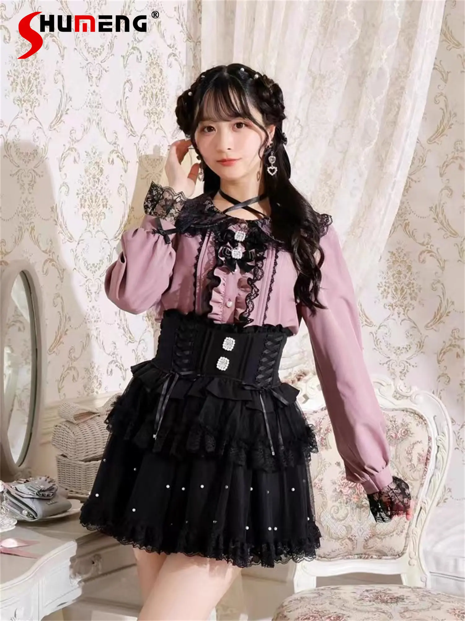 

Japanese Mines Style Mass-produced Sweet Versatile Lolita Blouse Lace Doll Collar Bow Heart Botton Long-sleeved Shirt Tops Women