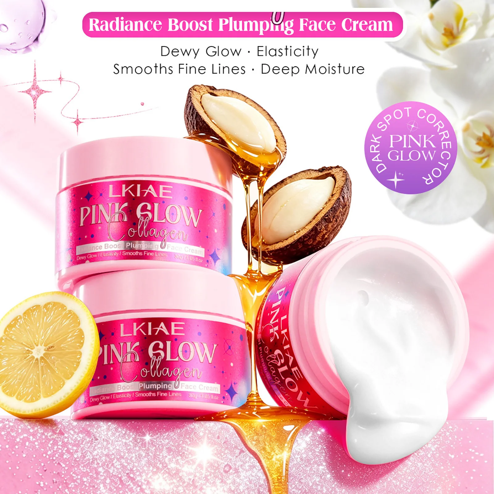 LKIAE Pink Glow Collagen Face Cream, Radiance Boost Plumping Facial Cream, Smooth Fine Lines, Deep Clean Skin, Anti Dark Spots