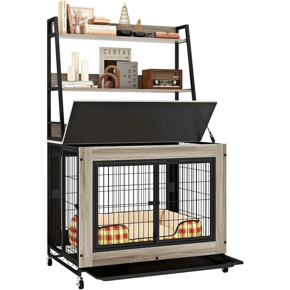 

LUCK Portable Dog Crate Furniture With Storage Shelves, 59 Inch Wooden Dog Kennel With Flip-up Top, 3 Lockable Doors An