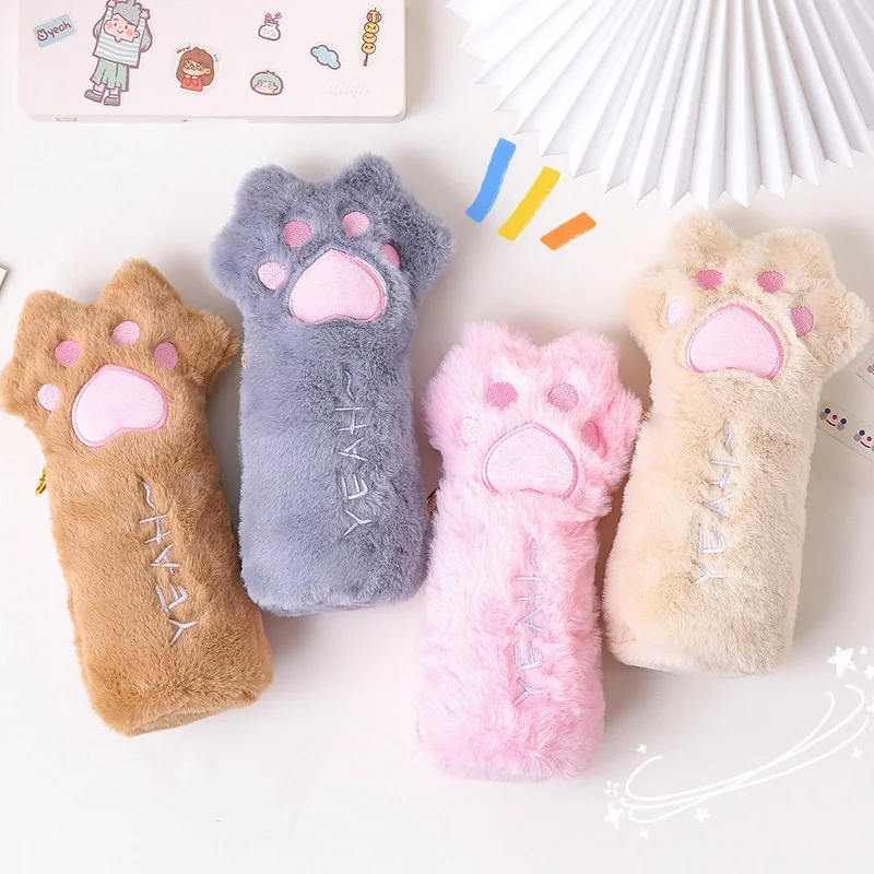 

12 pcs/lot Cartoon Cat paw Plush Pencil Case Kawaii Pencil Box Cosmetic Pen Bag Stationery School Supplies