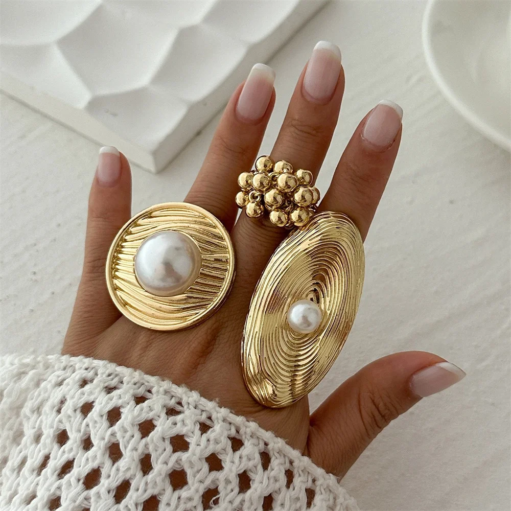 Punk Exaggerated Metal Irregular Open Ring for Women 2024 Trendy Personality Imitation pearl Geometric Finger Rings Gifts