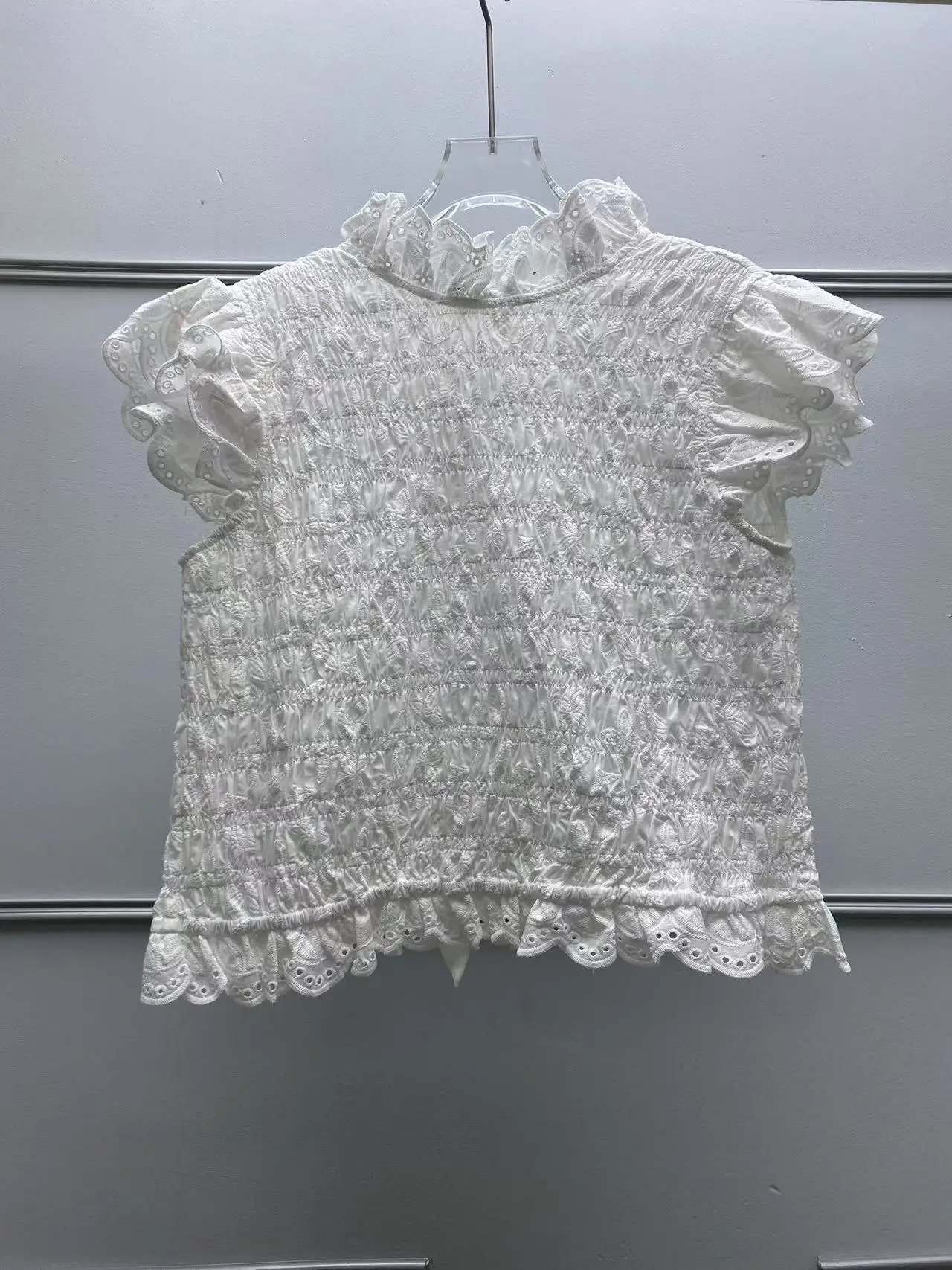 2025 Sezanes shirt French vintage summer new sweet ageing stretch pleated design wood ear collar small fly sleeve waist