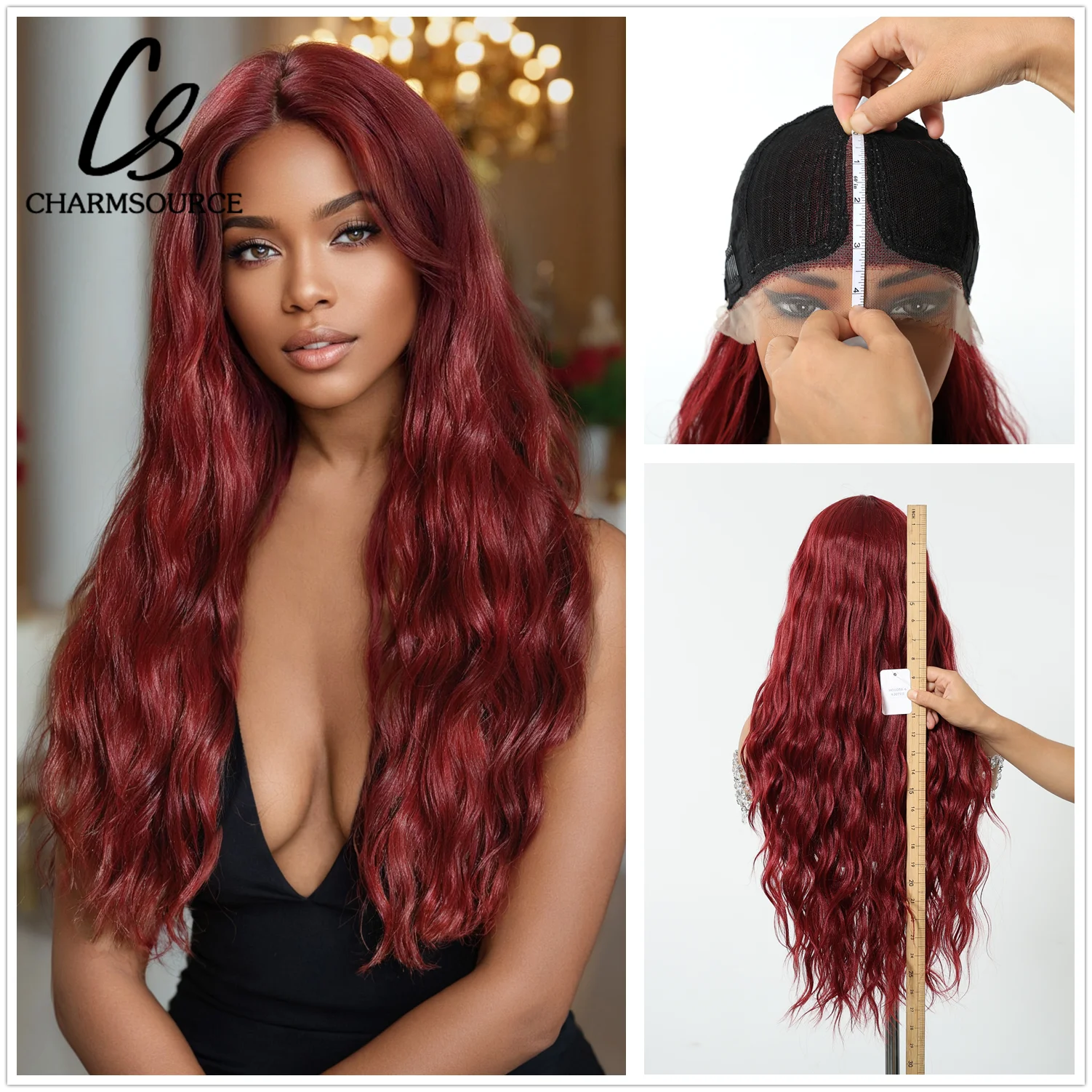 CharmSource Long Red Lace Front Wig Synthetic Wavy Curly Wigs for Black White Women Natural High Density Heat Resistant