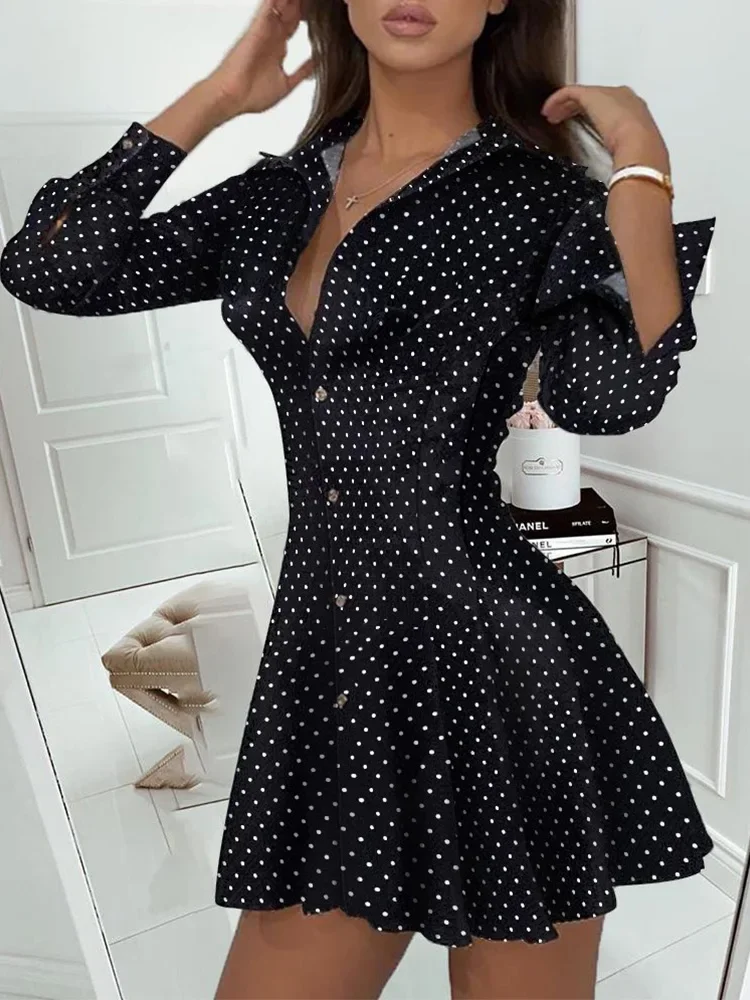 Dot Print Pleated Dress Women Long Sleeve Turn Down Collar Elegant Mini Dress Ladies Casual Short Dress