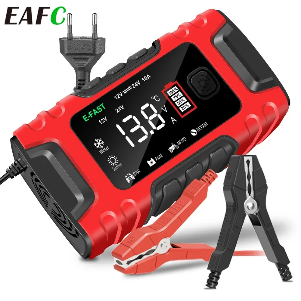 EAFC 10A Caricabatterie per auto completamente automatico 12V 24V Caricabatterie per riparazione a impulsi Caricabatterie per batterie al piombo acido asciutto e bagnato Display LCD digitale