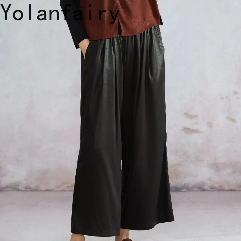 YOLANFAIRY 90% Real Mulberry Silk Pants Women's Clothing Elastic Waist Watered Gauze Satin Trousers Striaght Wide Leg Pants 2026