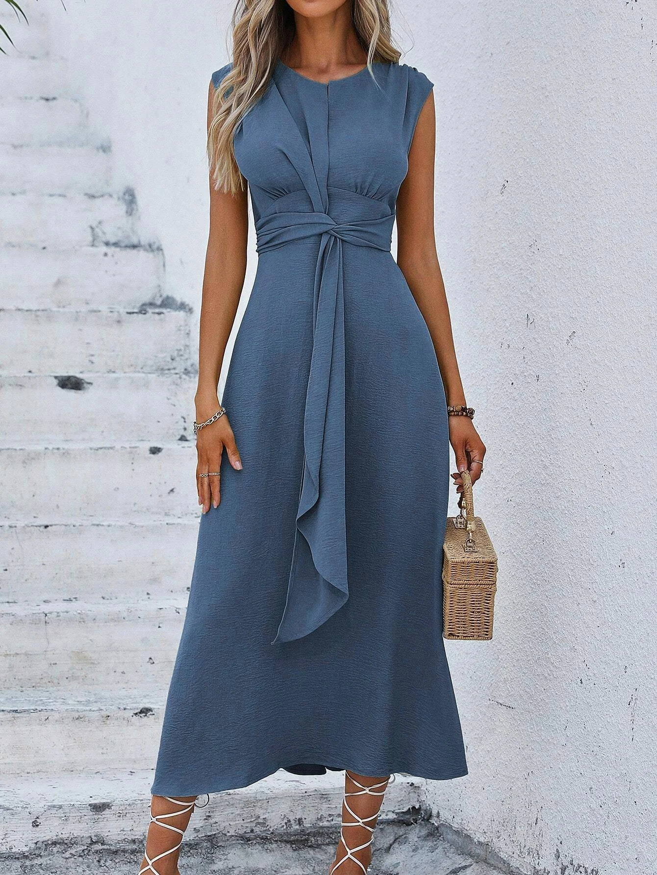 Women\'s  Summer Casual Plain Green Long Dresses Solid Sleeveless Casual Dresses Women\'s Clothing Fashion Vestidos Largos