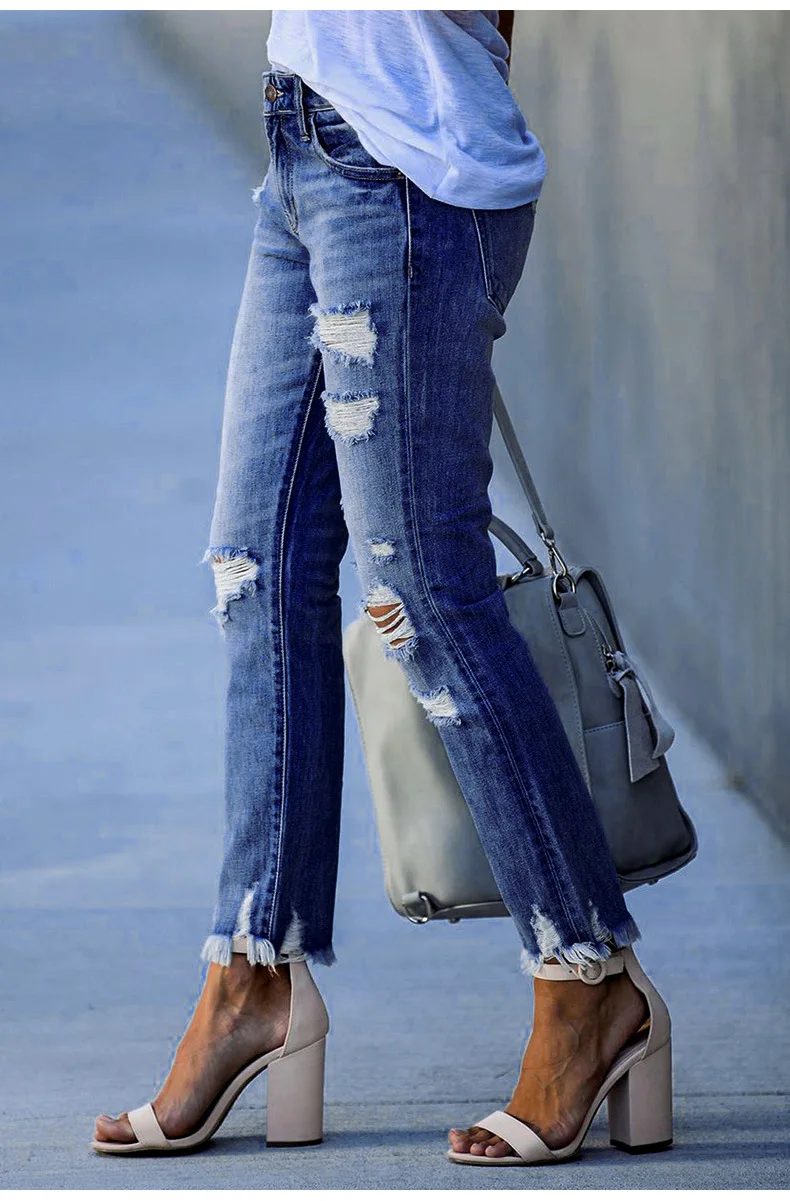 2022 New Women Mid Waist Ripped Tassel Jeans Fashion Casual Slim High Stretch Denim Pencil Pants S-2XL Drop Shipping