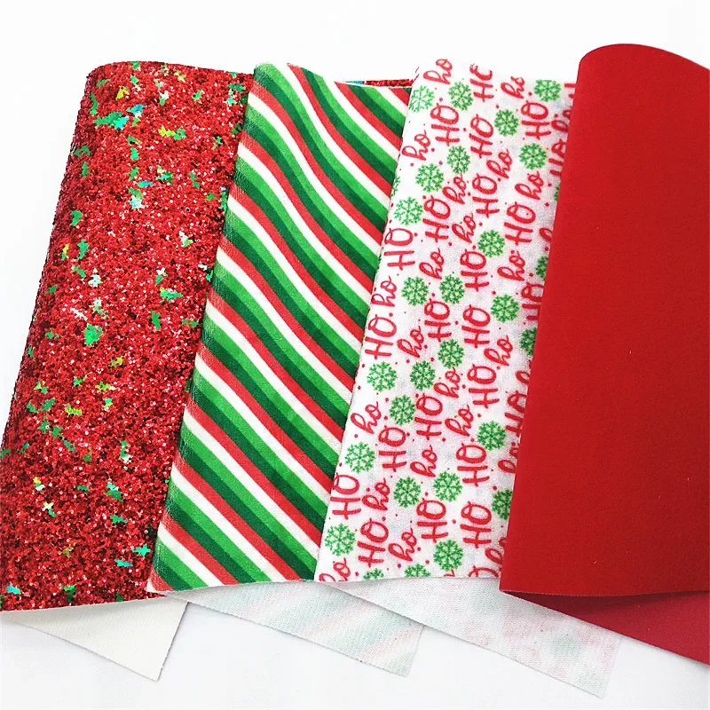 Red Glitter with Green Christmas Tree HO Stripes Printed Crushed Velvet Fabric Red Suede Faux Leather For Bow DIY 21x29CM Q1517