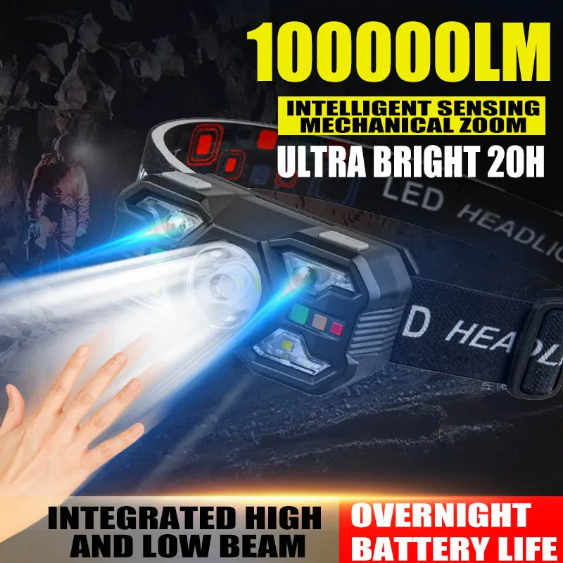 

Powerful Induction LED Headlamp Rechargeable IR Motion Sensor Head Lamp Camping Night Fishing Cycling Portable Headlight