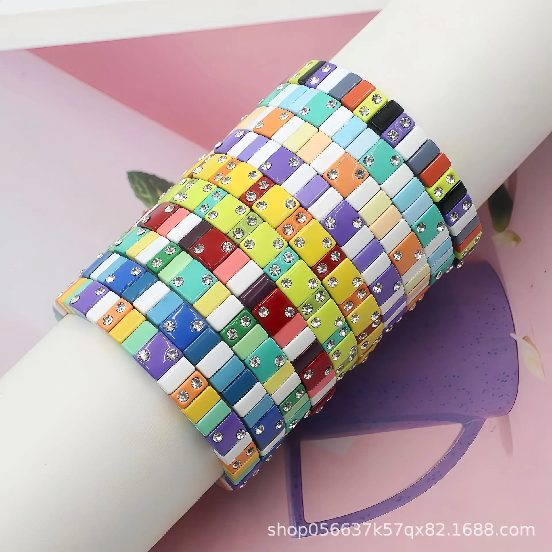 Color Geometric Square Tile Tile Diamond Bracelet Bohemian Stacked Rainbow Bracelet Fashion Jewelry Women's