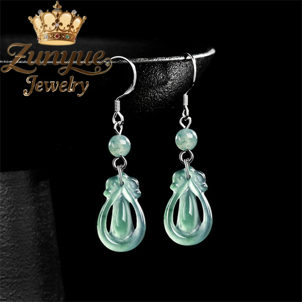

Natural A-Grade Jadeite Blue Water Ancient-Style Teardrop Earrings S925silver Ice Jade Fashionable Women's Earrings And Earrings