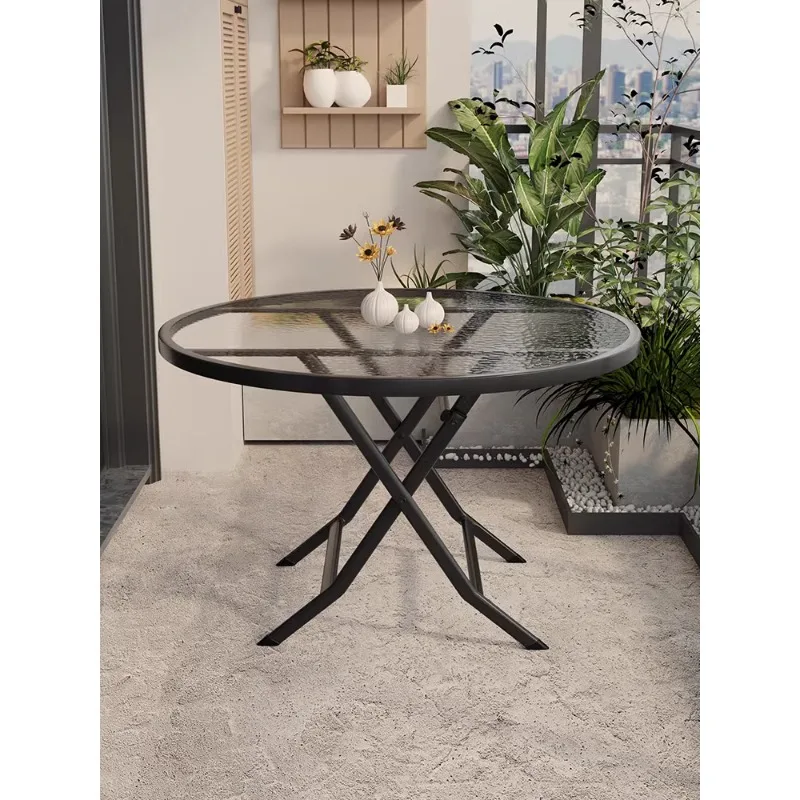 Folding  Household dining Outdoor balcony Tempered glass Coffee table Eating round table Foldable square table Small