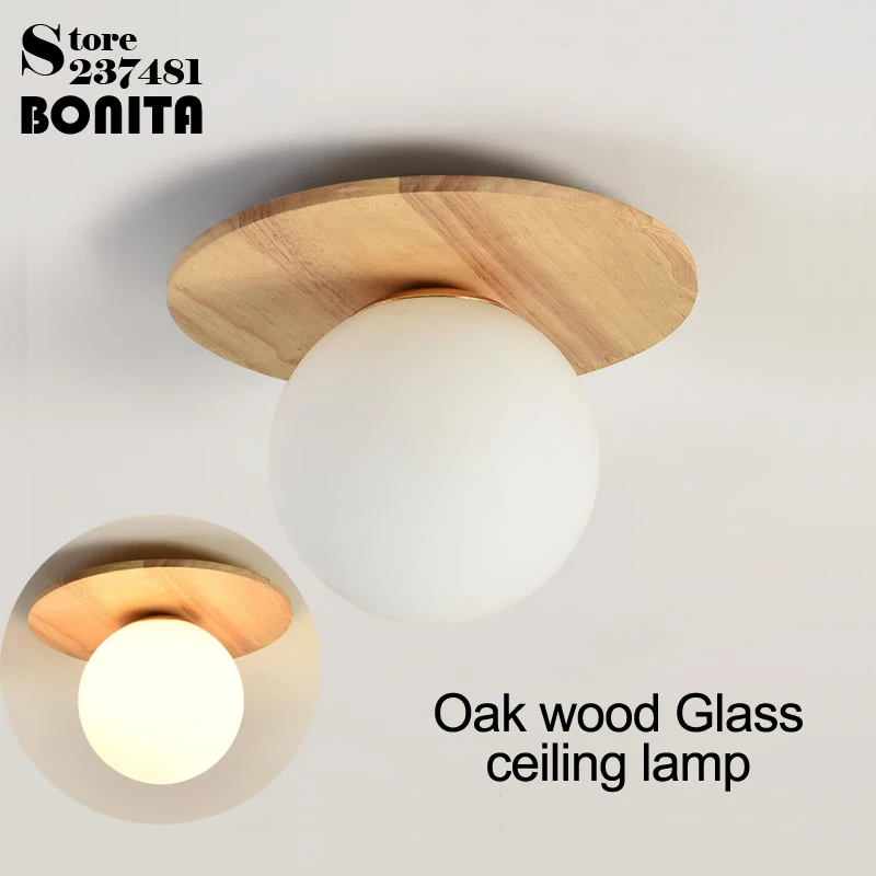 Oak Glass Ball Ceiling Light Corridor aisle Cloakroom Bedroom Entrance Hall Solid Wood Log Milky White Round Ball Ceiling Lamp