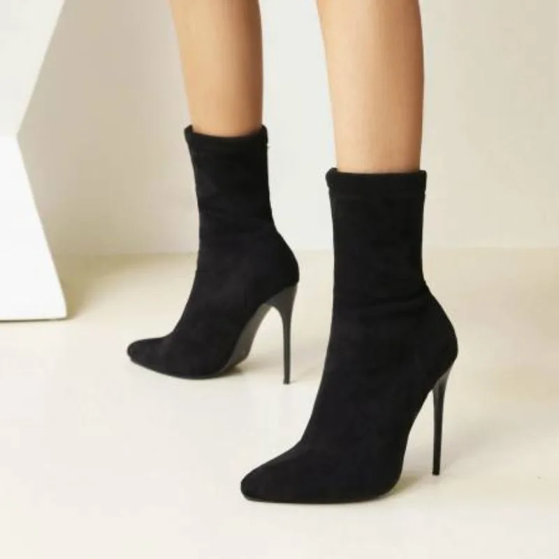 

Sexy Sock Boots For Women 12CM Thin High Heels Ladies Pointy Toe Short Ankle Boots Plus Size 46 Slip-On Winter Shoes Botas Mujer