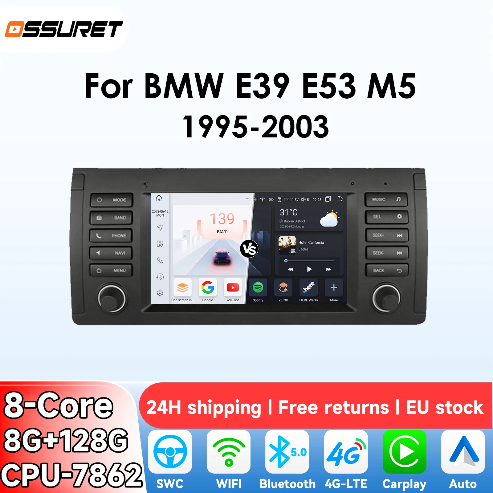 OSSURET 2Din 8G 128G Carplay Android 14 Radio samochodowe do BMW E39 E53 M5 1995 - 2003 GPS Multimedialny odtwarzacz wideo DSP 4G-LET WIFI BT