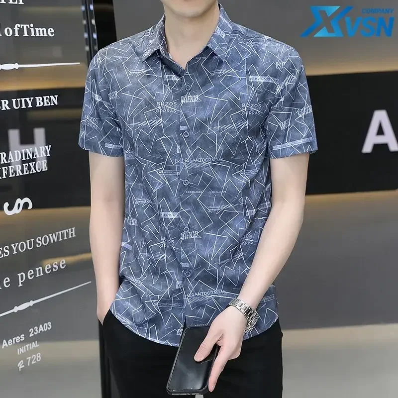 

Fashionable Casual Polo-Neck Printed Shirt Male Clothes 2023 Summer Slim Korean Trend Single-breasted Men's Short Sleeve Shirt