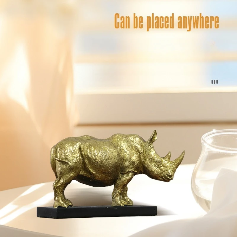 Rhinoceros Statue Resin, Gold Rhino Figurine with Black Base, Modern Luxury Living Room Office Desktop Bookshelf Decor Gift