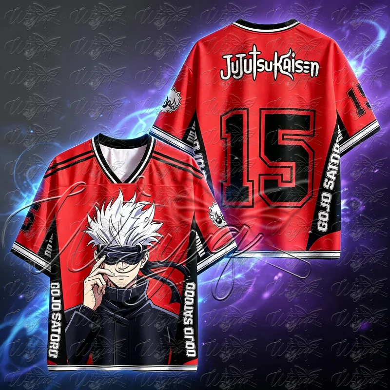 Camiseta Deportiva con Cuello en V Estampada de Jujutsu Kaisen Gojo Satoru, Camiseta de Verano con Estampado en la Espalda Número 15, Manga Corta, Unisex, Estilo Anime, Casual, Y2k
