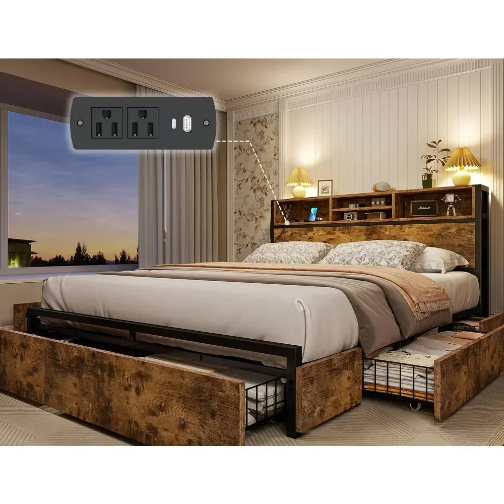 Bed Frame with Storage Drawers Bed Frame with Headboard，Charging Station Bed Frame with Storage No Noise