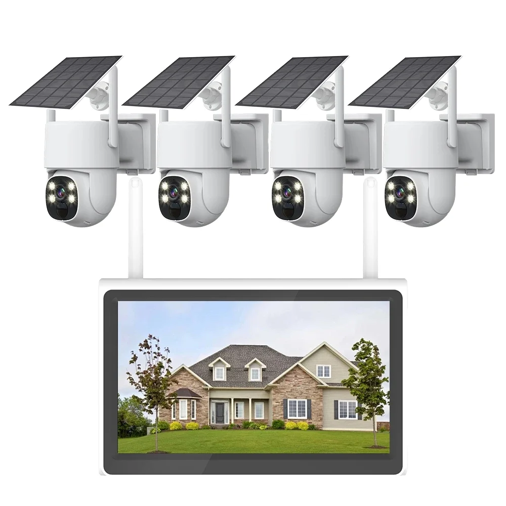 

4MP Full Color Night Vision Solar Powered Wireless WiFi PTZ Outdoor Security 10 Inch LCD NVR Kit Cloud SD Card Storage