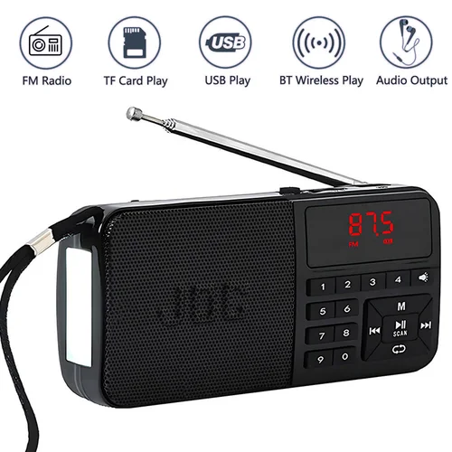 Imagen 1 del producto Radio FM portátil de bolsillo, Bluetooth, batería recargable, soporte para auriculares, USB, tarjeta TF, reproductor de MP3 con Mini receptor de Radio