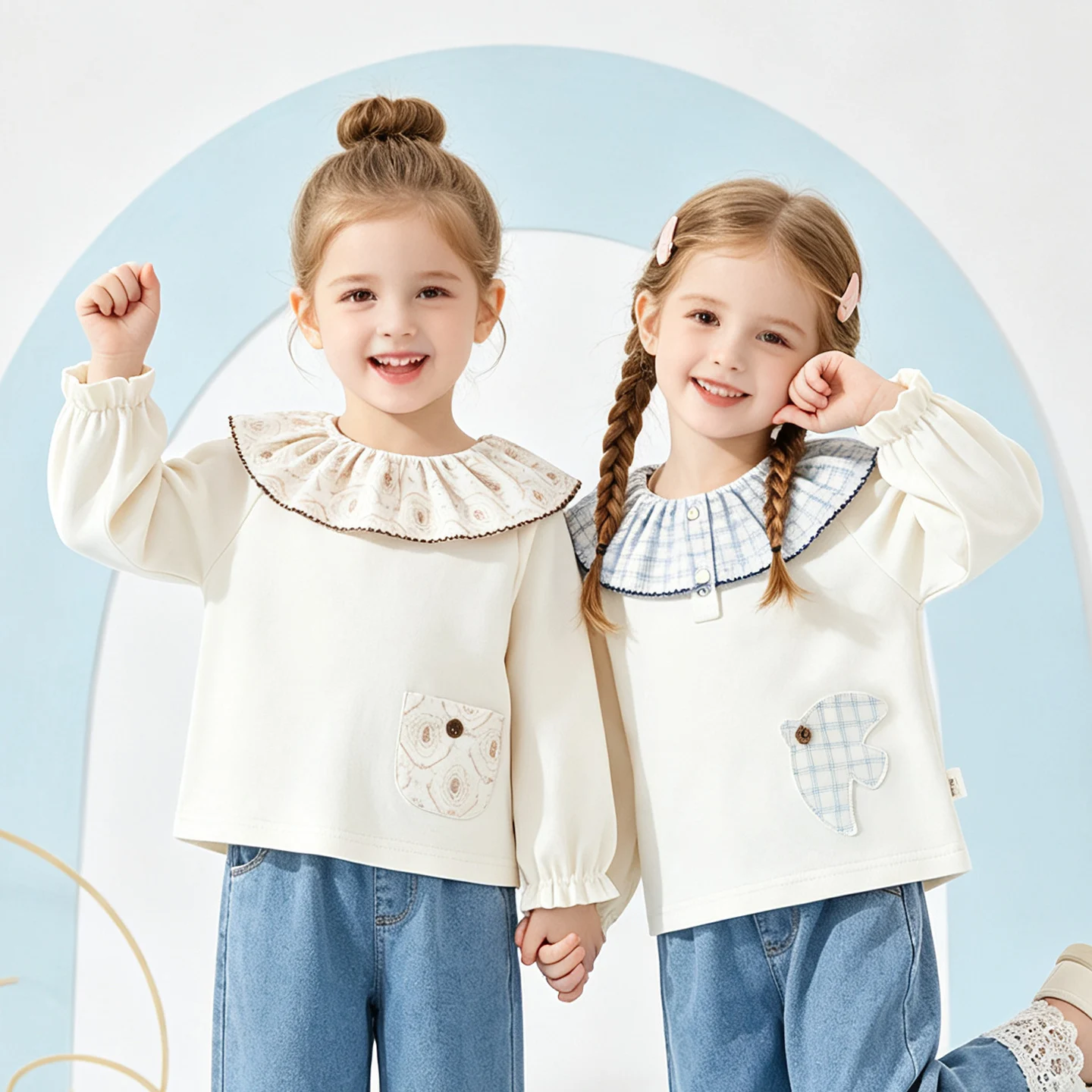 Girls' Floral Print Ruffle Neck Top, Cute Buttoned Pocket Tee, Soft Cotton Blouse for Spring Outings