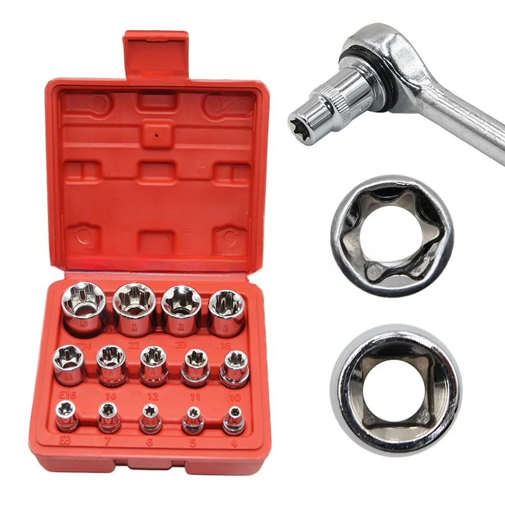 14pcs Female E Star Sockets & Bit Set External Hex Socket Insert Nut Bit Driver For Automotive Auto Repair Tools Tool Kit