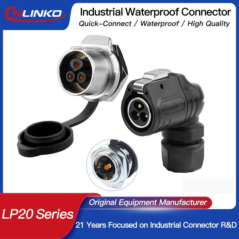 CNLINKO LP20 90 Degree Waterproof Connector Industrial Semi-Metal 90° Elbow Welding Plug IP68 for Transportation Communication
